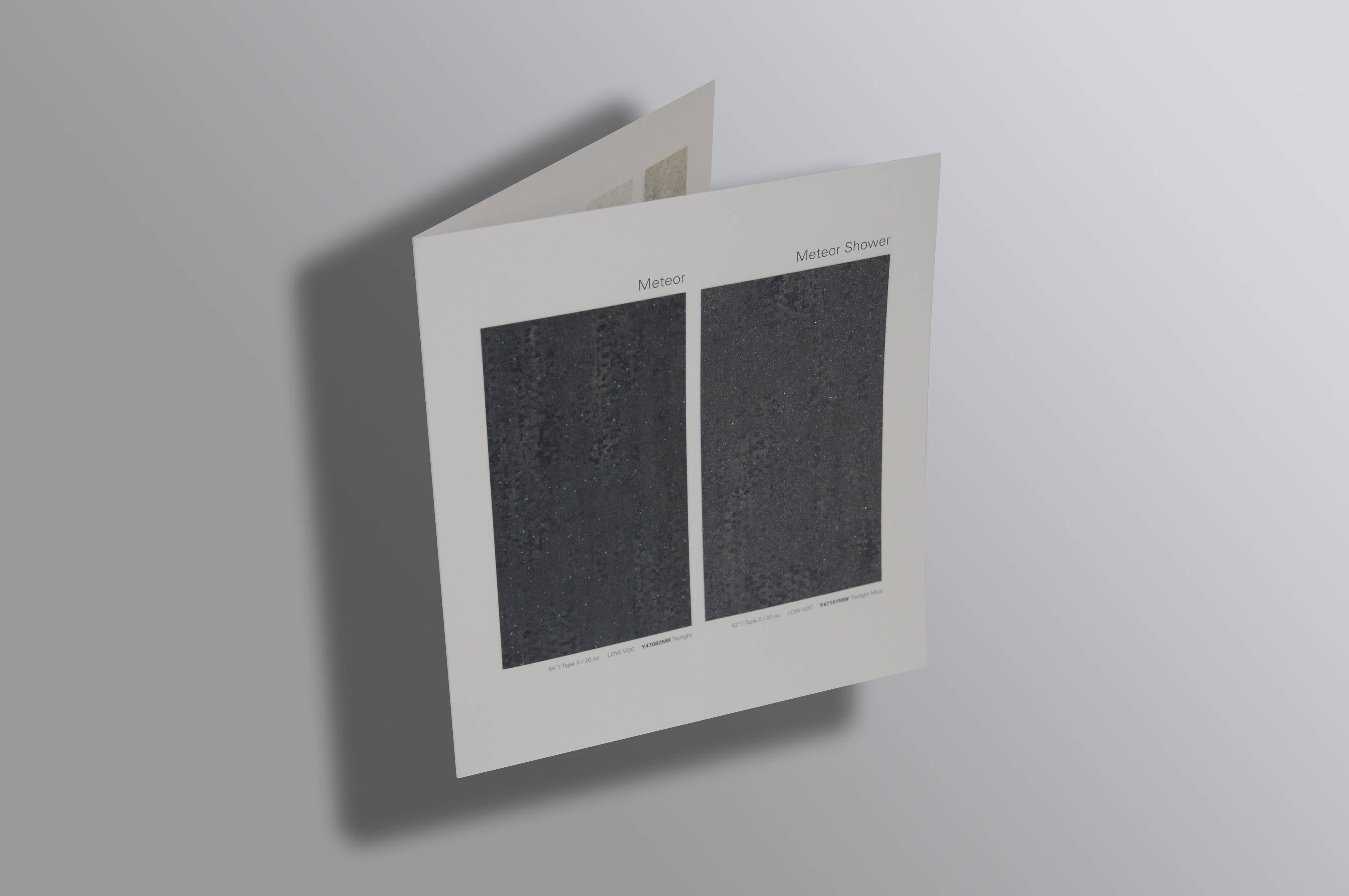 A custom fabric swatch card, designed & manufactured by VIP Samples. It displays Meteor & Meteor Shower fabric designs.
