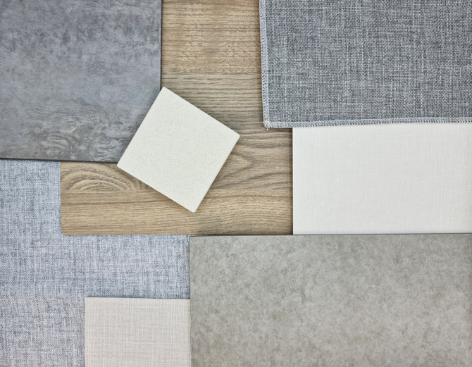 close up view of interior material samples including quartz stone, concrete vinyl flooring, grey drapery fabric, white fabric laminated, and oak wooden vinyl flooring. mood and tone board.